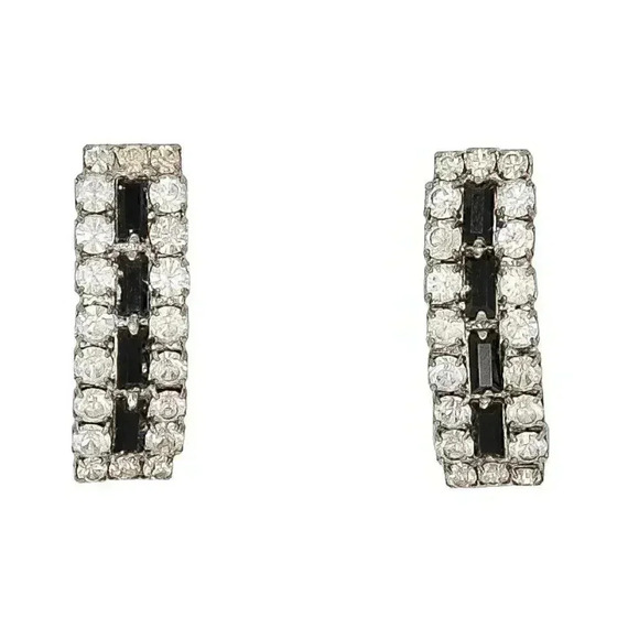 Vintage Black White Rhinestone Rectangle Stud Earrings Formal‎ Evening Earrings